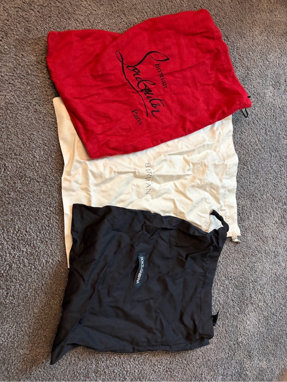 Set of three designer’s shoe bag - Black, red and white Drawstring
